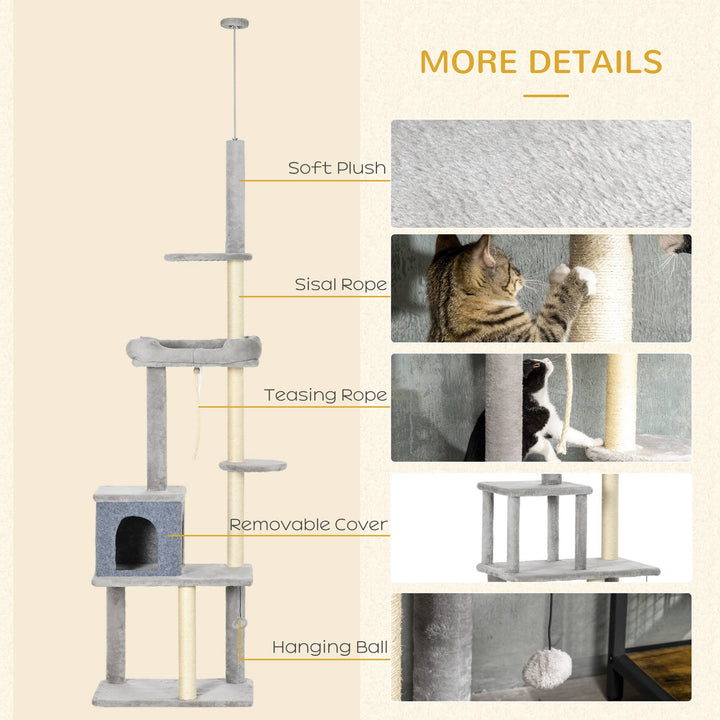 PawHut Cat Tree Floor to Ceiling Cat Tower Height Adjustable( 85-101 Inches), Tall Large Cat Climbing Activity Center with Scratching Posts Cat Condo Cozy Bed, Grey