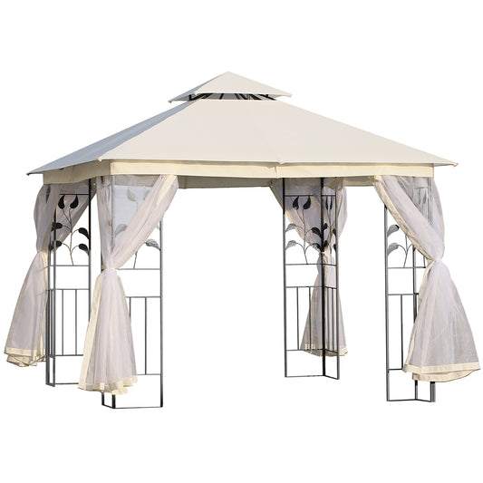 Outsunny 10'x10' Soft-top Steel Patio Gazebo Outdoor Sun Shelter with 2-Tier Polyester Roof, Curtain Sidewalls, White