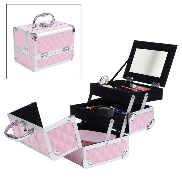 HOMCOM 3 Tier Diamond Texture Makeup Case Train Case Cosmetic Organizer with Mirror, Pink