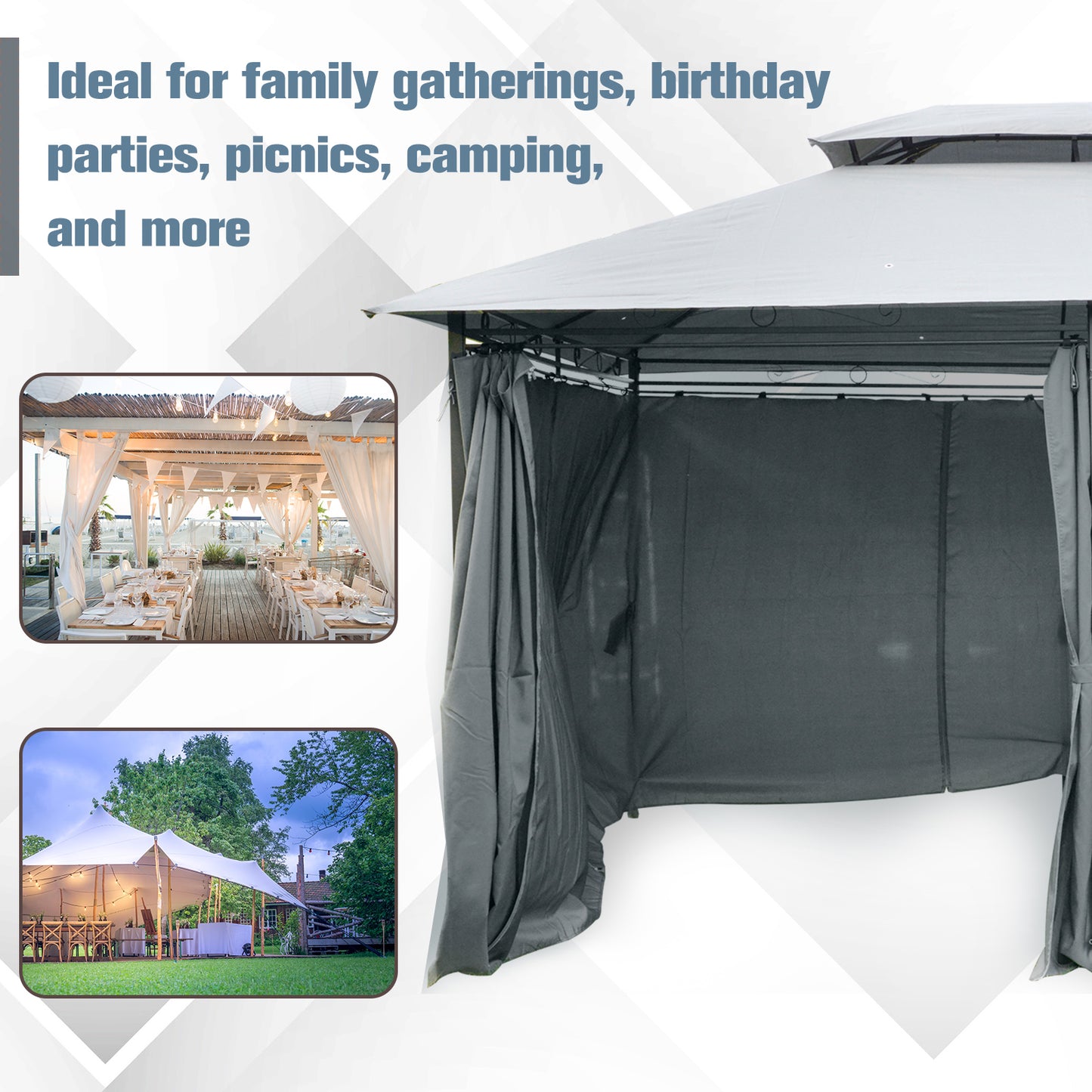 Outsunny 13'L x 10'W x 8.7'H Patio Gazebo Outdoor 2-Tiers Garden Canopy Yard Sunshade Shelter with Curtains, Grey
