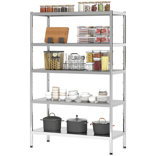 HOMCOM Bakers Rack, 5-Tier Stainless Steel Kitchen Storage Shelf with Adjustable Heights for Spices, Pots and Pans, Silver