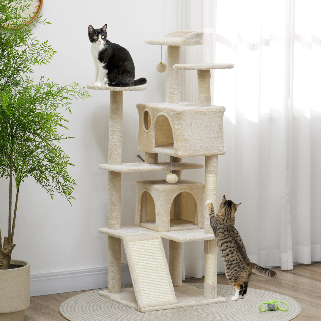 PawHut 54" Cat Tree, Multi-Level Cat Tower with Scratching Posts, Cat Condos, Bed, Platforms, Ramp, Toy Ball, Dark Blue