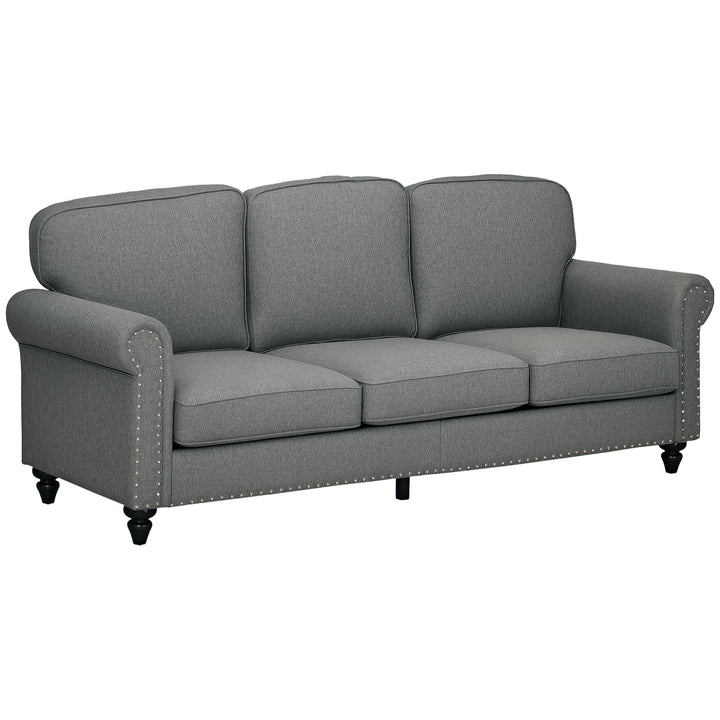 HOMCOM 3-Seater Sofa Couch, 81" Modern Upholstered Linen Fabric Sofa with Rubberwood Legs, Nailhead Trim and Rolled Arms for Living Room, Bedroom and Apartment, Grey