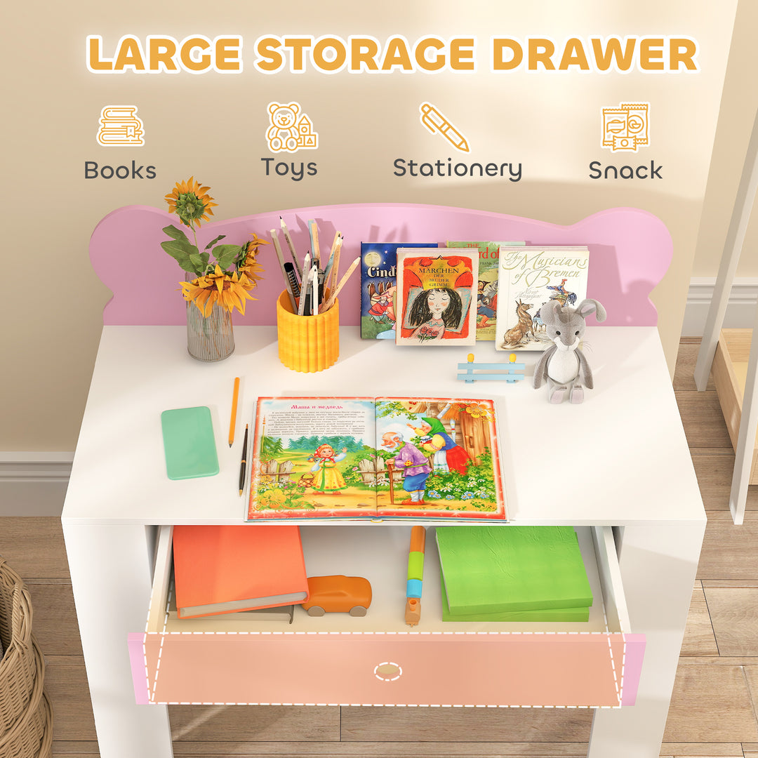 Qaba Kids Desk and Chair Set with Drawer for Drawing, Reading, Bear Theme Children Furniture for Bedroom, Daycare, Pink