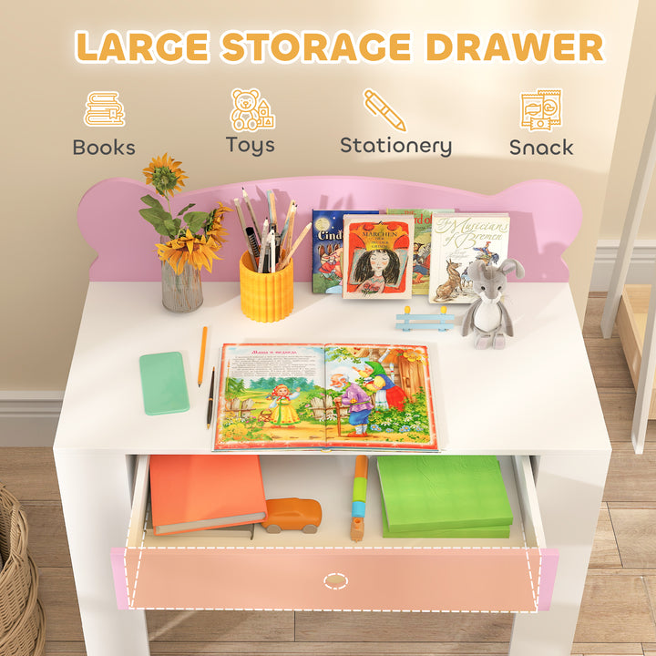 Qaba Kids Desk and Chair Set with Drawer for Drawing, Reading, Bear Theme Children Furniture for Bedroom, Daycare, Pink