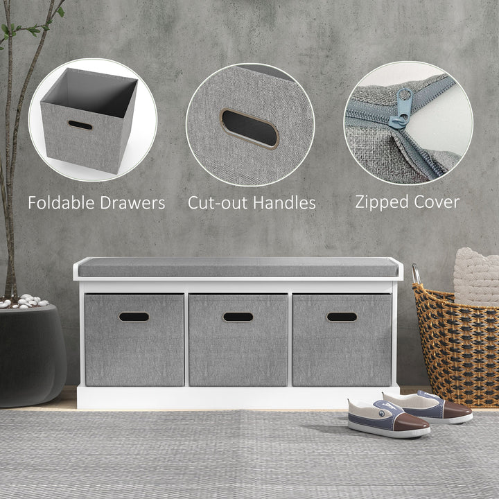 HOMCOM Shoe Storage Bench with Seat, Entryway Bench Seat with Cushion, 3 Fabric Drawers for Hallway, Grey