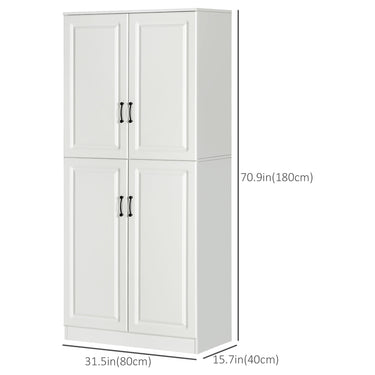 HOMCOM 71" Freestanding Kitchen Pantry Cabinet, Storage Cabinet with 4 Hinged Doors and Adjustable Shelves, White