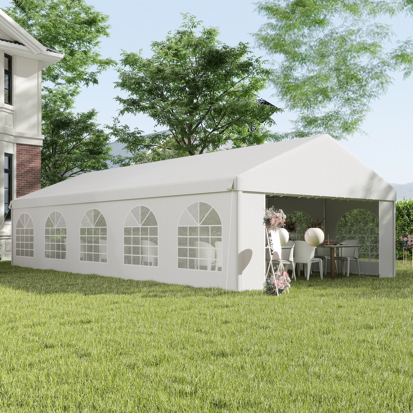 Outsunny 32'x16' Large Patio Gazebo, Steel Party Event Wedding Tent Canopy Carport Garage W/ 4 Removable Sidewalls for Outdoor Parking, White