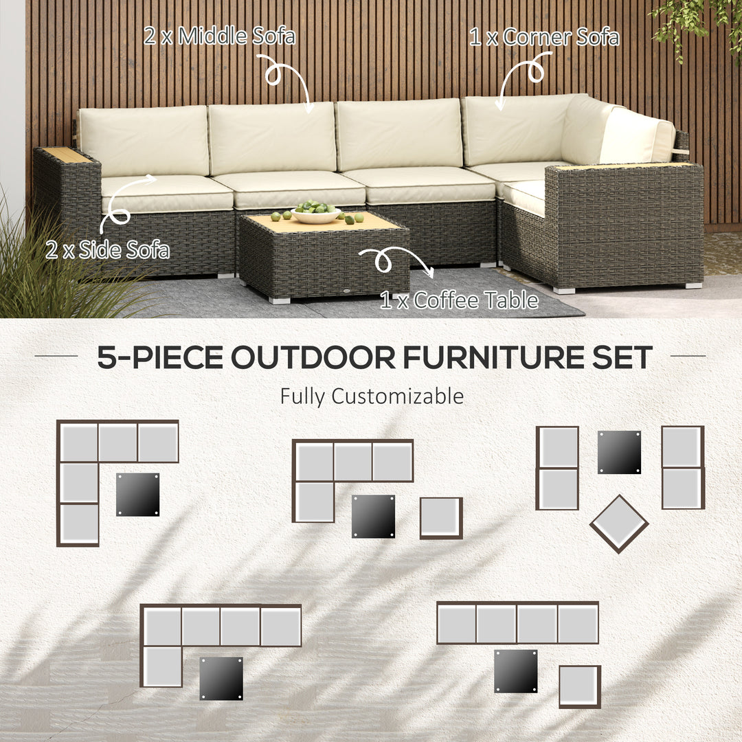 Outsunny 6 Pieces Outdoor Rattan Patio Furniture Set with Corner Sofa, Wood-Plastic Coffee Table, Light Khaki