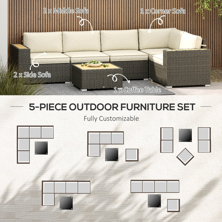 Outsunny 6 Pieces Outdoor Rattan Patio Furniture Set with Corner Sofa, Wood-Plastic Coffee Table, Light Khaki