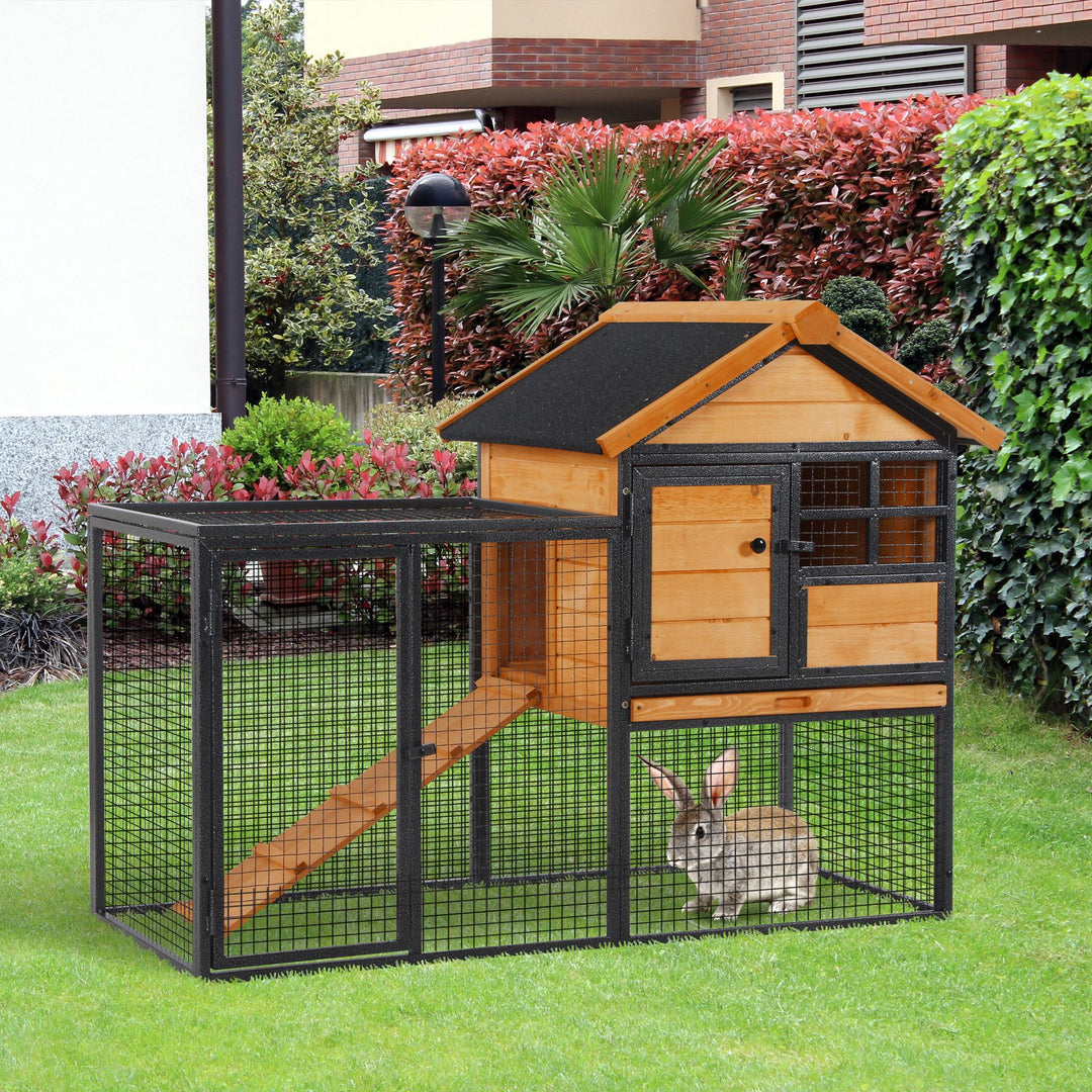 PawHut Wood-Metal Large Rabbit Hutch Bunny Cage Pet House Small Animal Habitat with Slide-Out Tray, Lockable Door, Water-Resistant Asphalt Roof, Outdoor Indoor Use, 48"x25"x36"