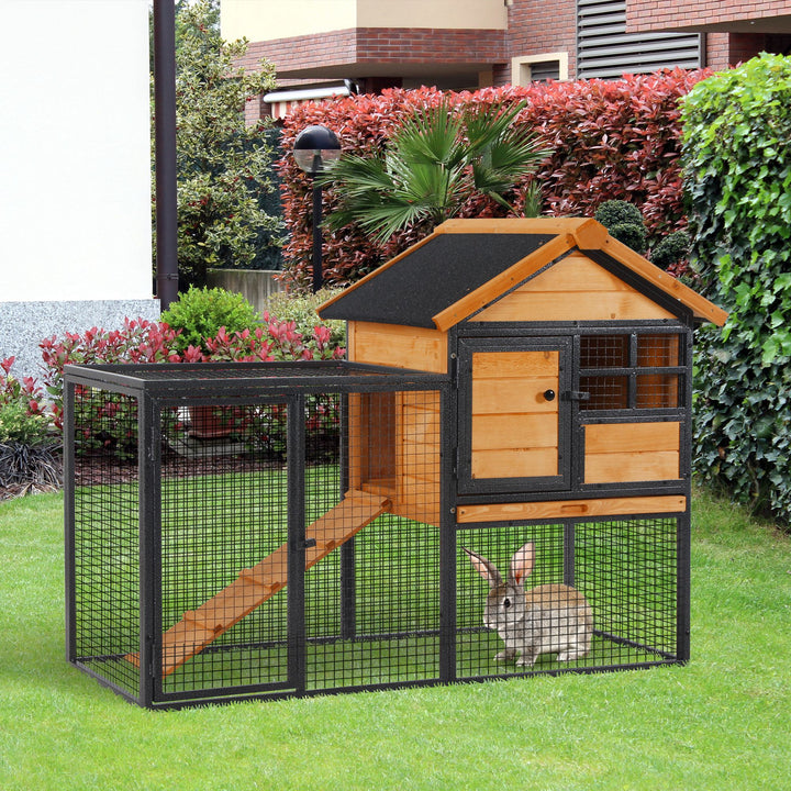 PawHut Wood-Metal Large Rabbit Hutch Bunny Cage Pet House Small Animal Habitat with Slide-Out Tray, Lockable Door, Water-Resistant Asphalt Roof, Outdoor Indoor Use, 48"x25"x36"