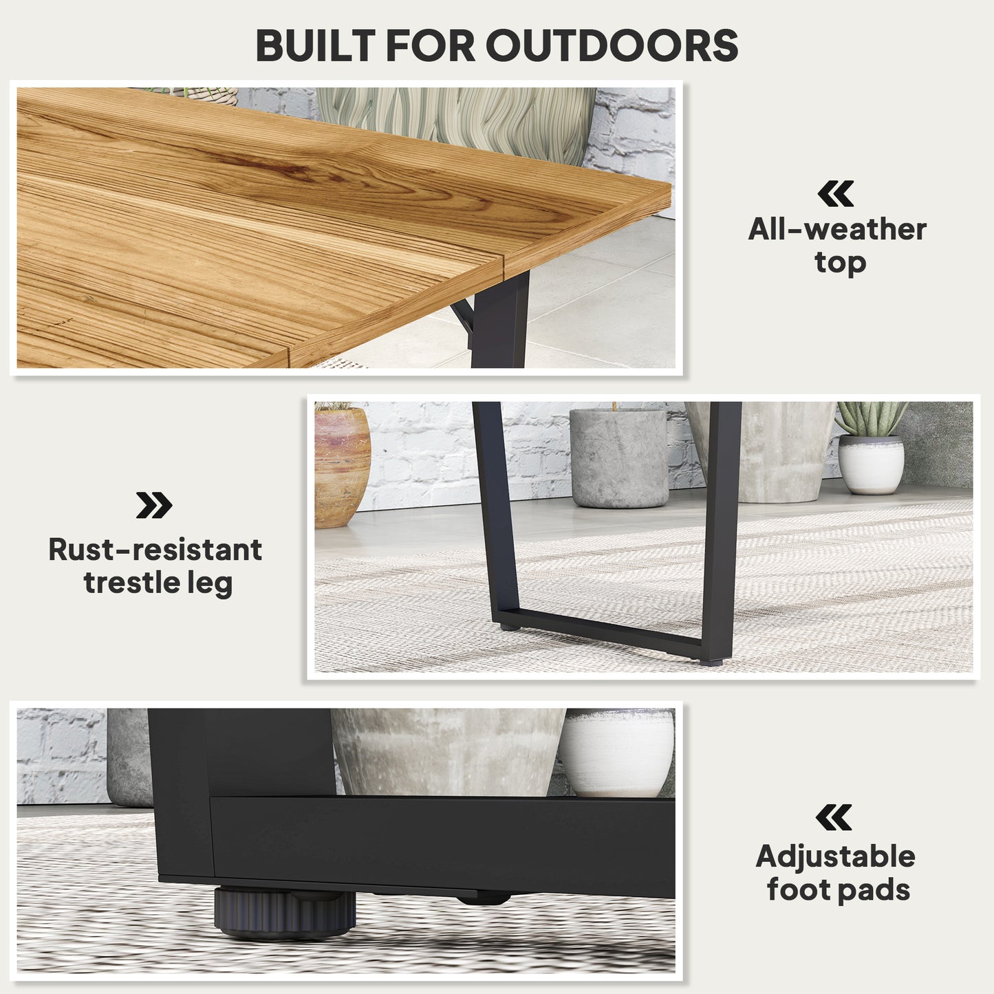 Outsunny Wooden Outdoor Dining Table for 6 with 2" Umbrella Hole, Slatted Tabletop, Metal Frame, for Yard, Deck, Lawn