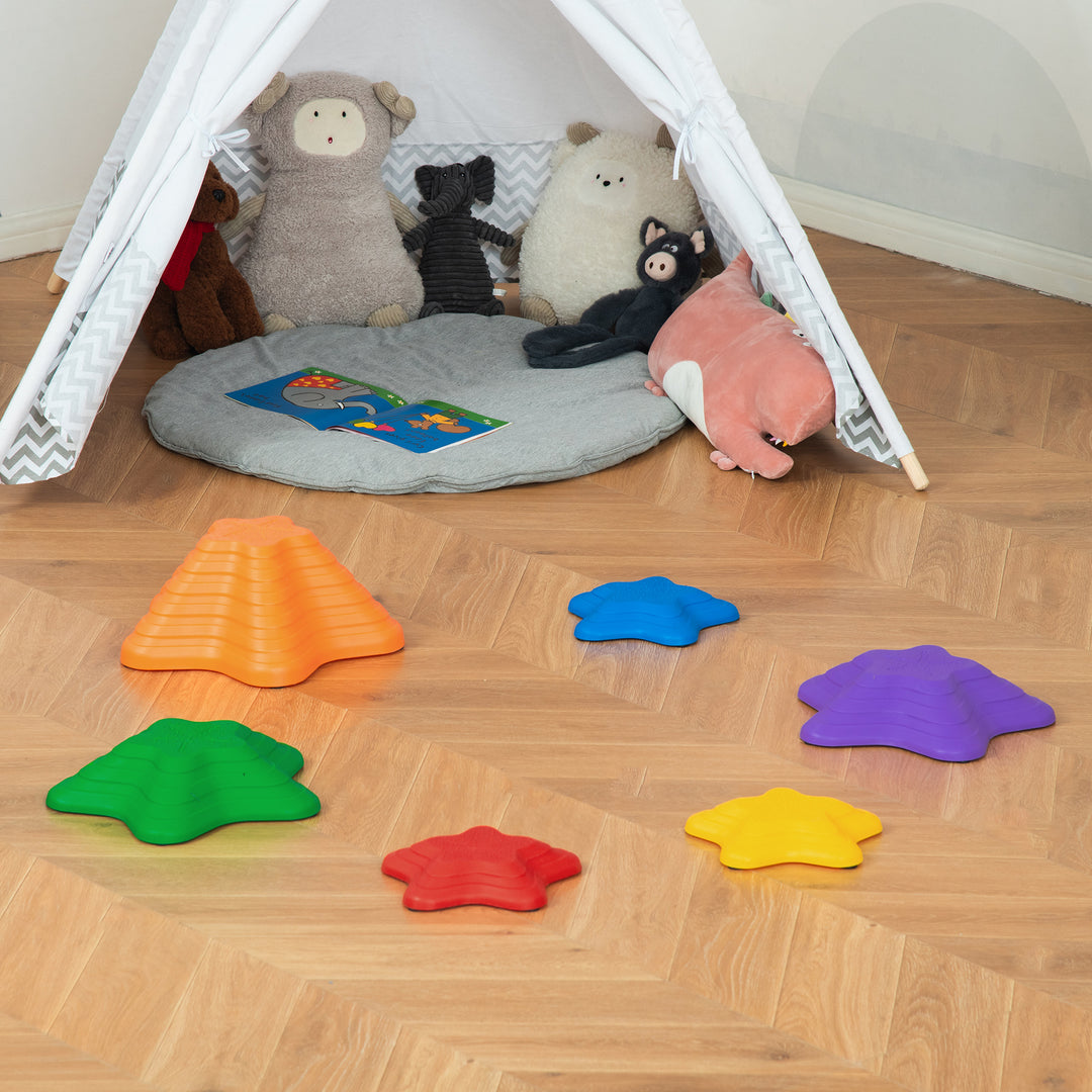 Outsunny 6PCs Larger Size Balance Stepping Stones for Kids with Non-slip Bottom, Stackable Obstacle Course Outdoor Indoor,  Play River Rocks with Starfish Style