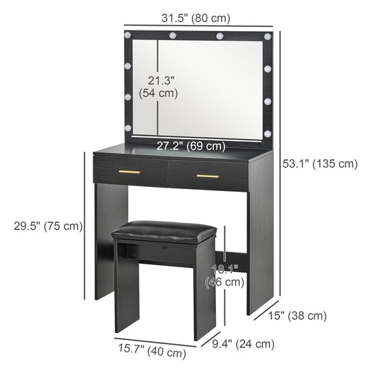 HOMCOM Makeup Vanity Desk Set with Stool, Dressing Table with LED Lighting Mirror, Drawers, for Bedroom, Black