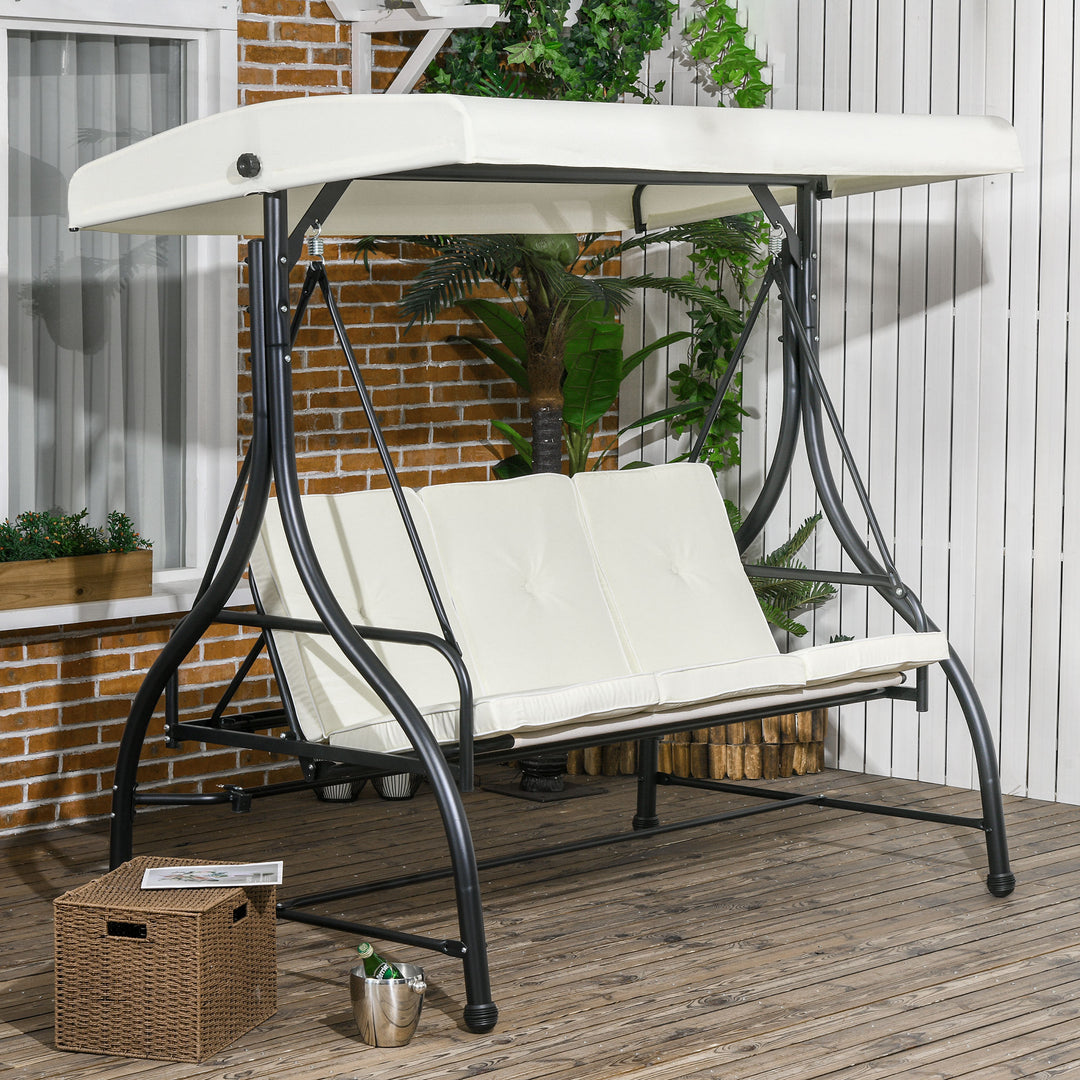 Outsunny Convertible Patio Swing Bed with Canopy and Cushions, 3 Seater Porch Swing for Outdoor, Backyard, Garden, Cream White