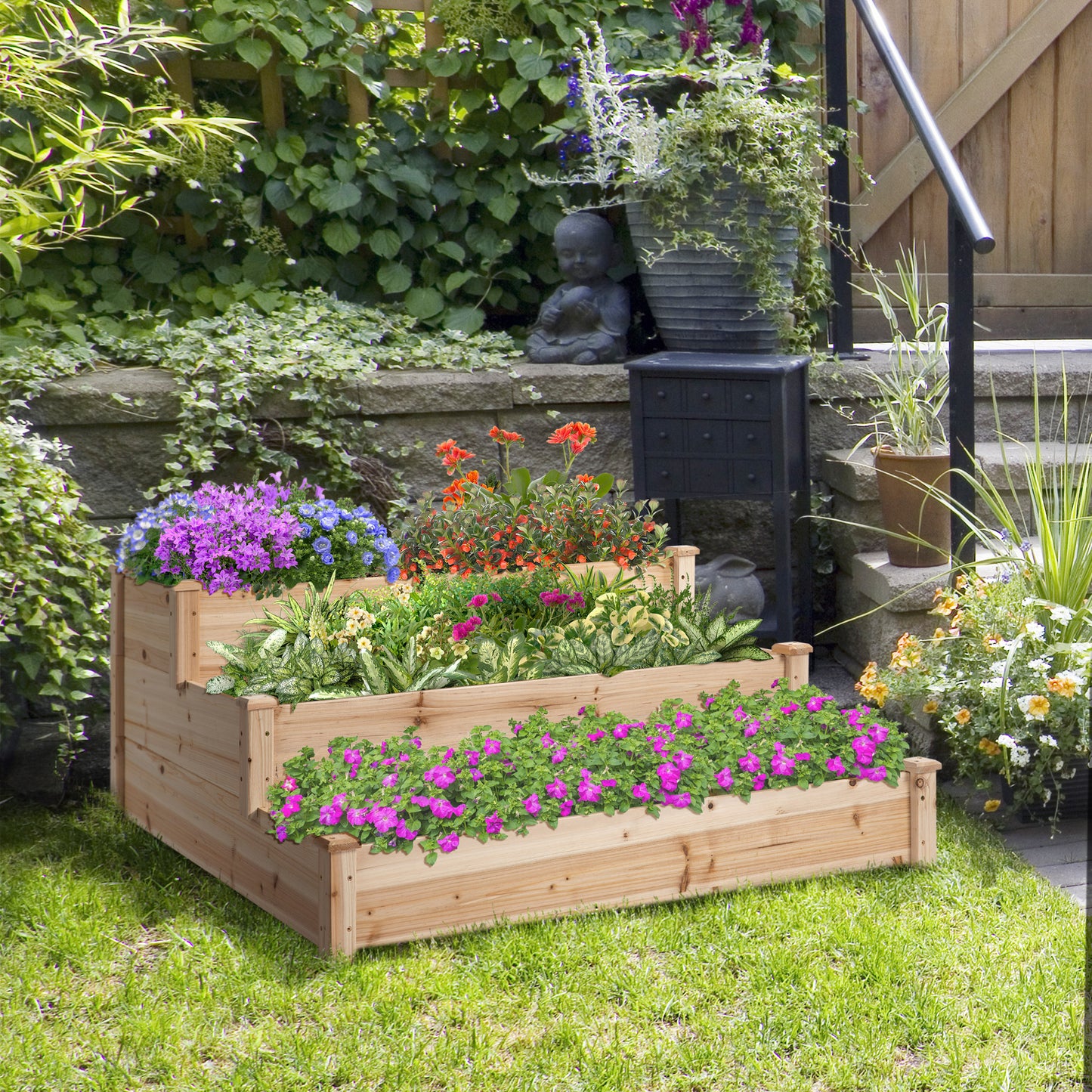 Outsunny 49"x49"x22" 3-Tier Raised Garden Bed Wooden Planter Kit Elevated Plant Box Stand for Yard & Patio, Natural