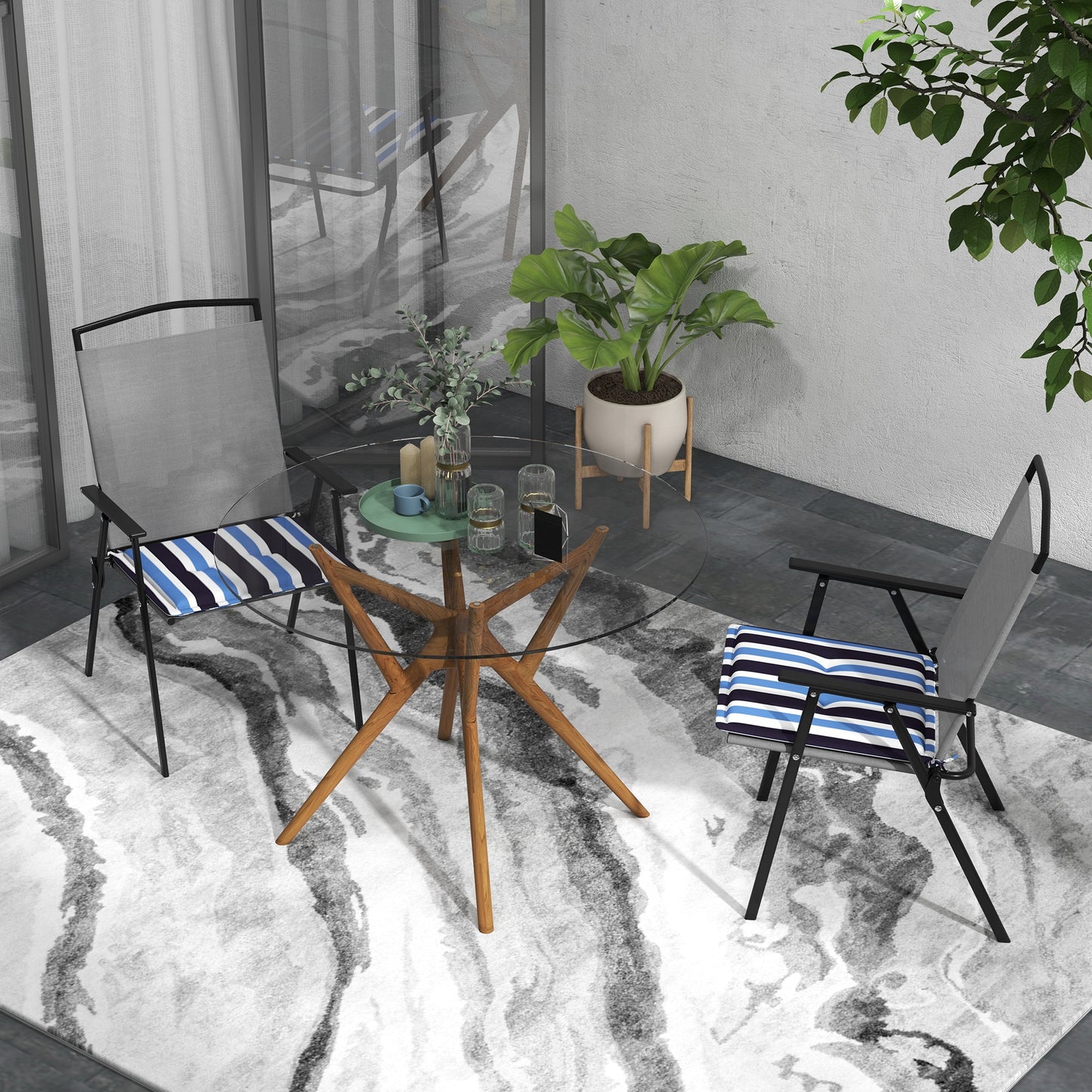 Outsunny 2-Piece Seat Cushion Replacement, Outdoor Patio Chair Cushions Set with Ties, Button Tufted, Blue White Strip
