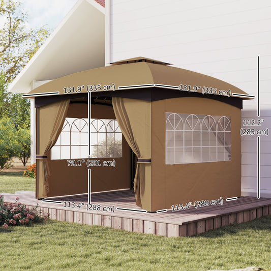 Outsunny 11' x 11' OutdoorÂ Gazebo,Â DoubleÂ Roof Patio Gazebo Canopy with Curtains, Church Windows, Galvanised Steel Frame, Beige