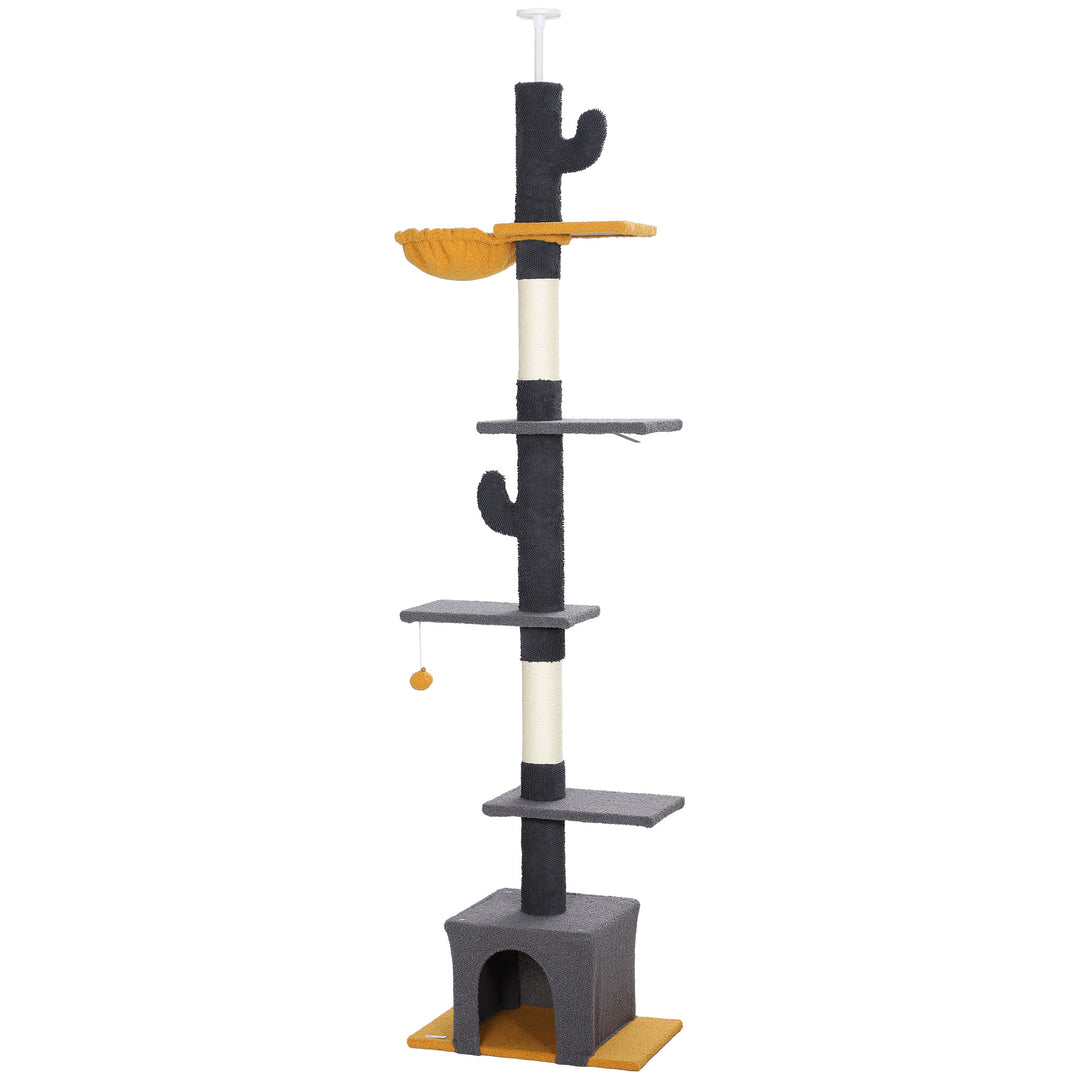 PawHut Floor to Ceiling Cat TreeTower with 90.5"-108" Adjustable Height, Scratching Posts, Hammock, Comdo, Toy Ball, Light Grey