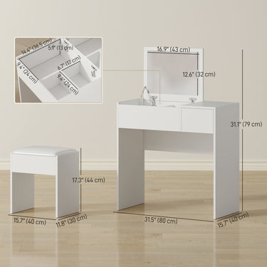 HOMCOM Modern Vanity Set with Flip Top Mirror and Cushioned Stool, Dressing Table with Storage Drawer for Bedroom, White