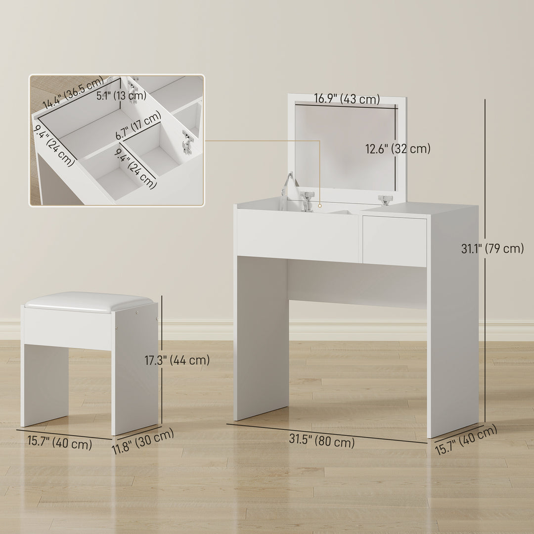 HOMCOM Modern Vanity Set with Flip Top Mirror and Cushioned Stool, Dressing Table with Storage Drawer for Bedroom, White