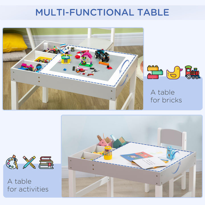 Qaba Lego Table with Storage for Kids, Multi-Usage Kids Table and Chair Set with Building Blocks Desktop, Grey