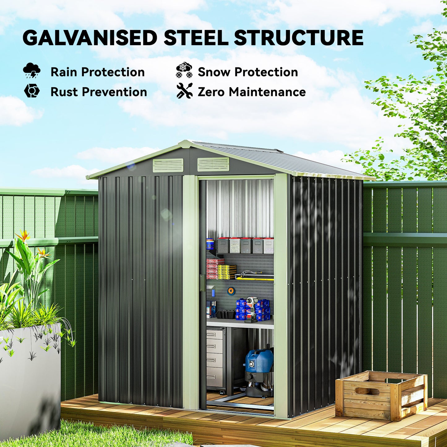 Outsunny 5ft x 4ft Garden Metal Storage Shed, Tool Storage Shed with Top Vents, Sliding Door, Sloped Roof and Foundation Kit for Garden, Patio, Lawn, Dark Grey