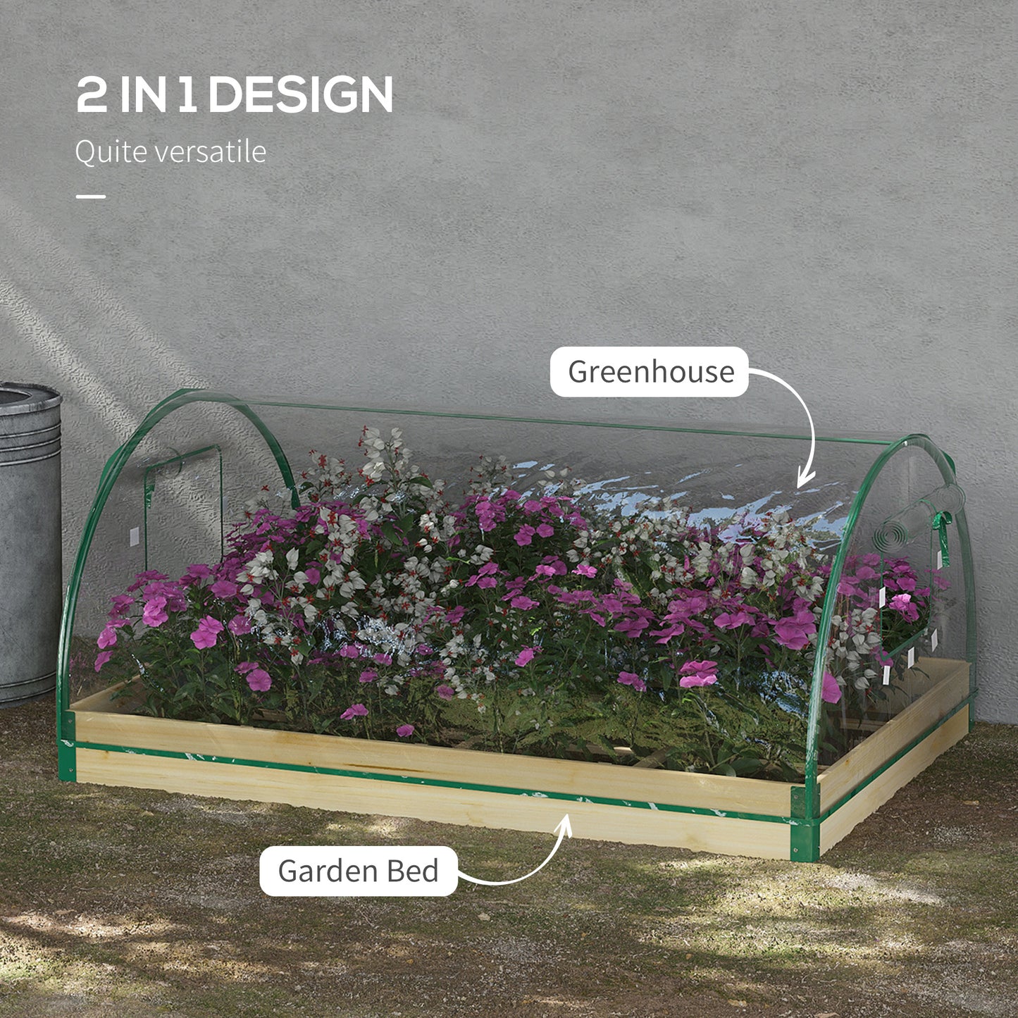 Outsunny 12 Pockets Raised Garden Bed with Greenhouse and Roll Up Windows for Vegetables, Flowers, 4' x 3' x 2', Natural Wood