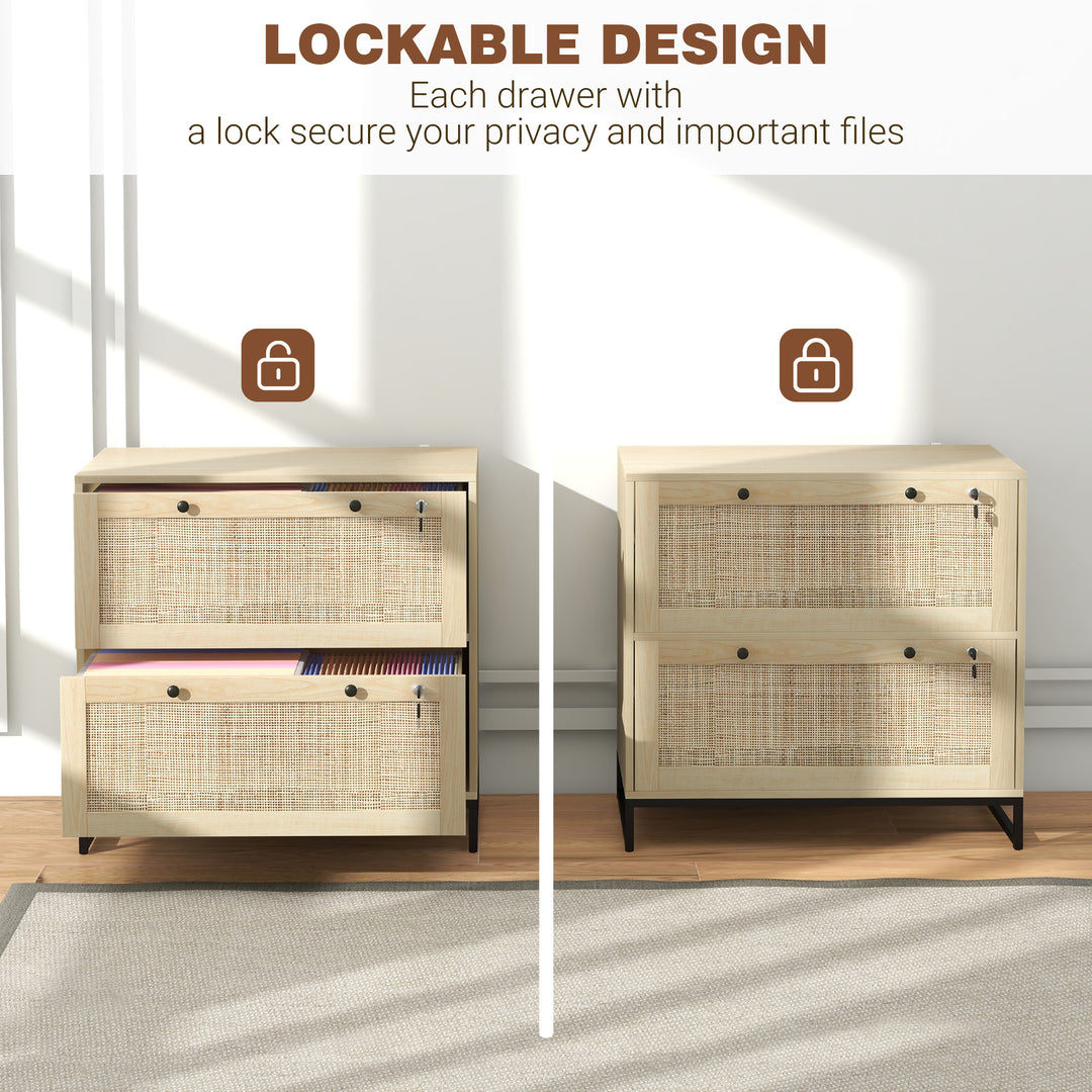 Vinsetto 2-Drawer Filing Cabinet with Lock, Rattan File Cabinet with Adjustable Hanging Bar, Natural