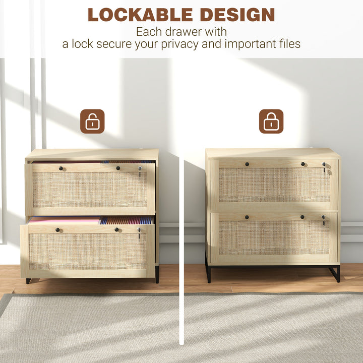 Vinsetto 2-Drawer Filing Cabinet with Lock, Rattan File Cabinet with Adjustable Hanging Bar, Natural
