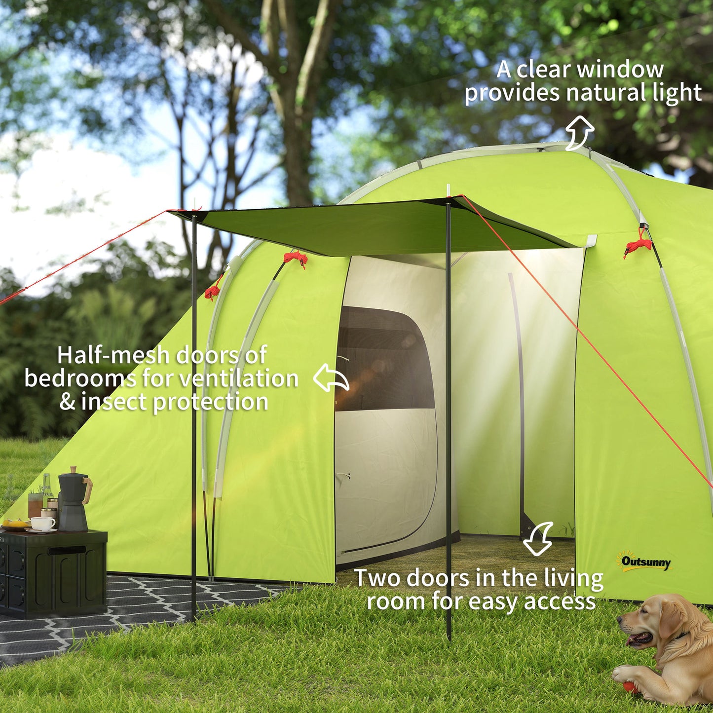 Outsunny 4-6 Person Camping Tent, 2000mm Waterproof Tunnel Tent with 2 Bedrooms, Living Area, Vestibule, Lamp Hook and 4 Doors