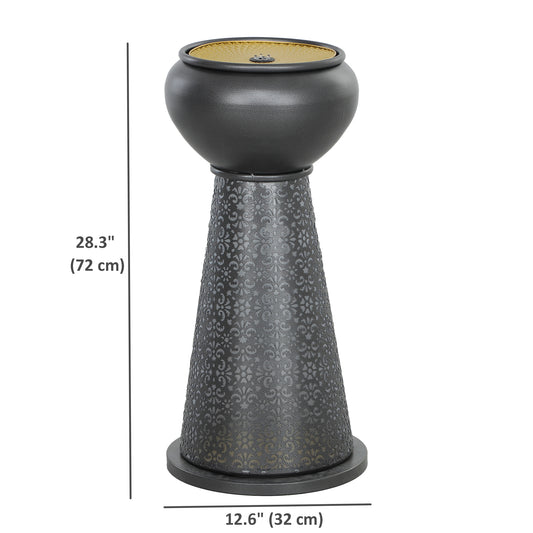 Outsunny 28" Tall Outdoor Water Fountain with LED Lights, Bowl Garden Waterfall Fountain with Adjustable Flow, Outdoor Water Feature with Cut-out Floral Base, Dark Grey and Yellow