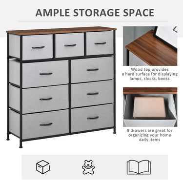 HOMCOM Dresser for Bedroom with 9 Drawers, 4-Tier Fabric Chest of Drawers, Tall Dresser Storage Tower with Steel Frame and Wooden Top for Closets, Nursery Room, Grey