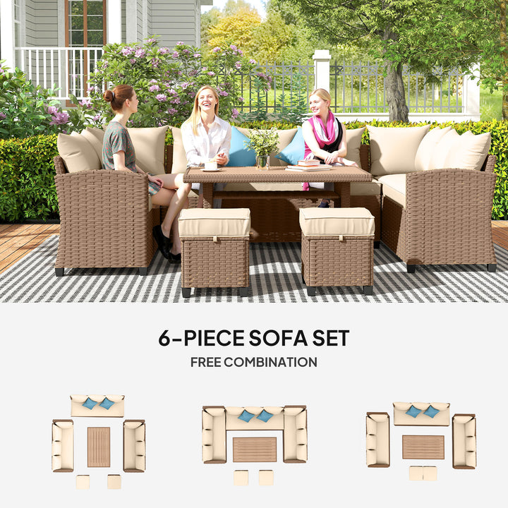 Outsunny 6 Pieces Patio Furniture Set, Outdoor Wicker Sofa Set, All Weather PE Rattan Conversation Furniture, with Strip Wood Grain Plastic Coffee Table & Cushions, Khaki