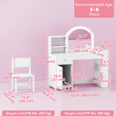 Qaba Kids Vanity Set, Toddler Dressing Table and Chair Set  with Lighted Mirror, Cabinet, Drawer and Shelves, White