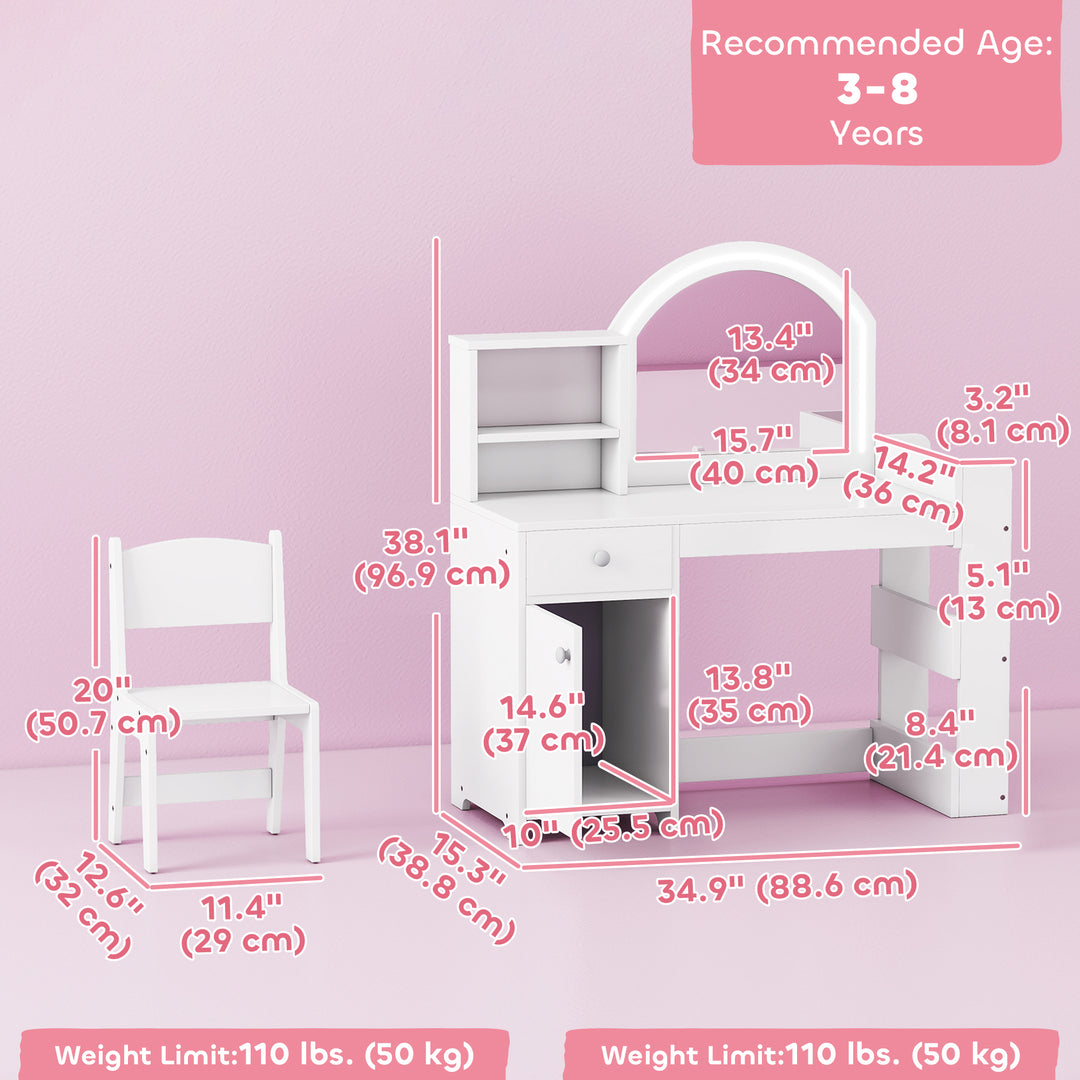 Qaba Kids Vanity Set, Toddler Dressing Table and Chair Set  with Lighted Mirror, Cabinet, Drawer and Shelves, White