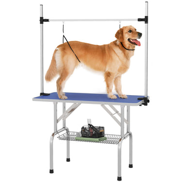 PawHut Adjustable Dog Grooming Table with 2 Safety Slings, Storage Basket, Blue