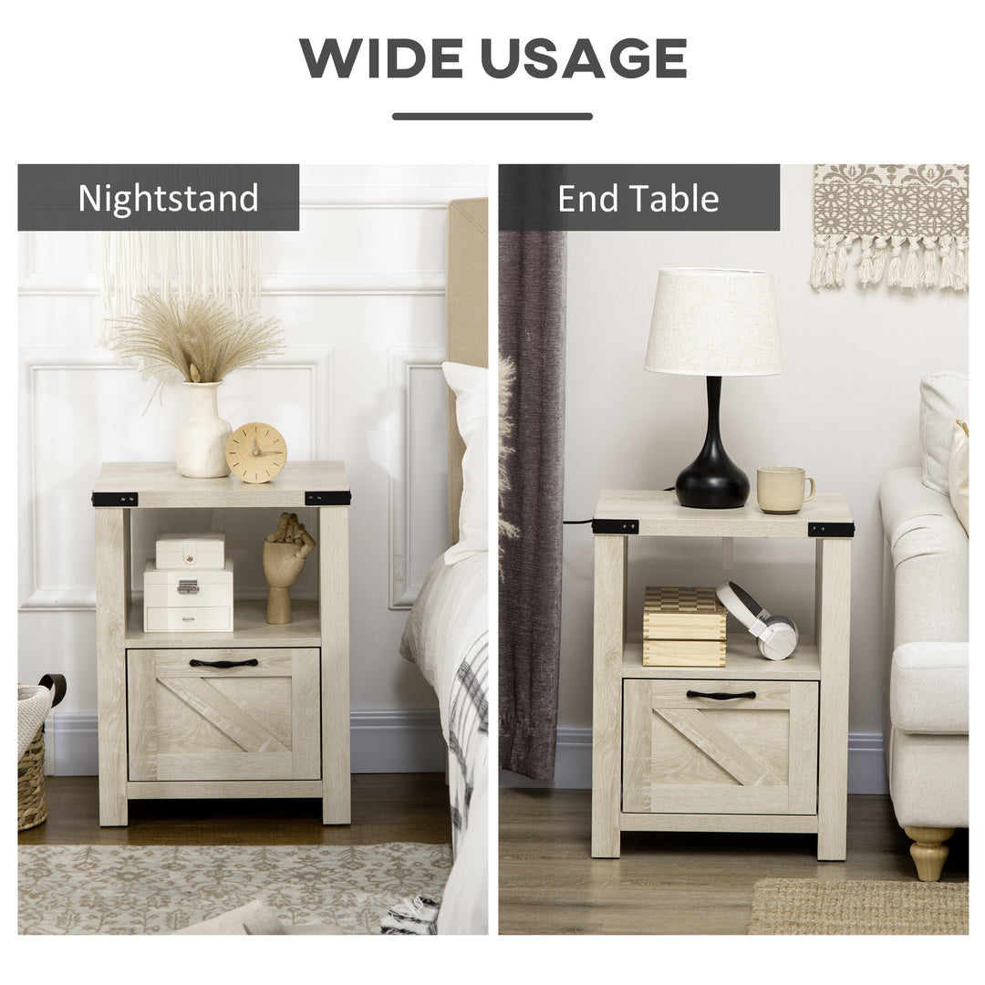HOMCOM Side Table with Storage, Farmhouse End Table with Drawer, Open Shelf and Barn-style Panel, Nightstand for Living Room, Bedroom, Oak