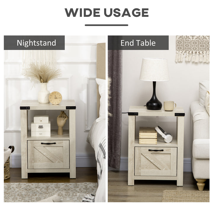HOMCOM Side Table with Storage, Farmhouse End Table with Drawer, Open Shelf and Barn-style Panel, Nightstand for Living Room, Bedroom, Oak