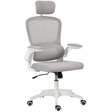 HOMCOM Ergonomic Mesh Office Chair, High Back Desk Chair with Rotatable Headrest, Flip-Up Armrests, Lumbar Support, Grey