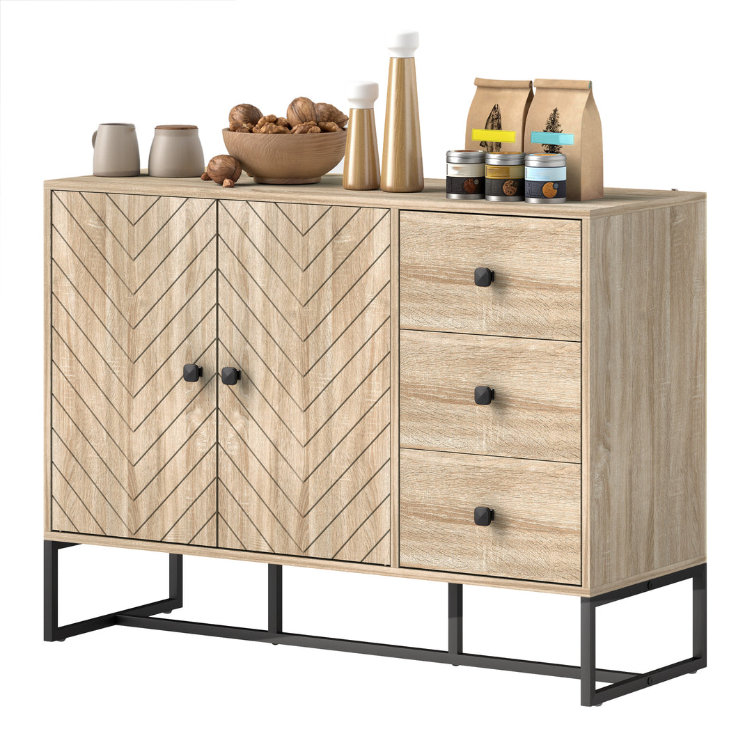 HOMCOM Modern Sideboard, 42.5" Buffet Cabinet with Adjustable Shelves and 3 Drawers, Coffee Bar Cabinet with 2 Doors, Oak