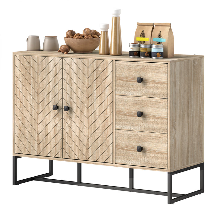 HOMCOM Modern Sideboard, 42.5" Buffet Cabinet with Adjustable Shelves and 3 Drawers, Coffee Bar Cabinet with 2 Doors, Oak