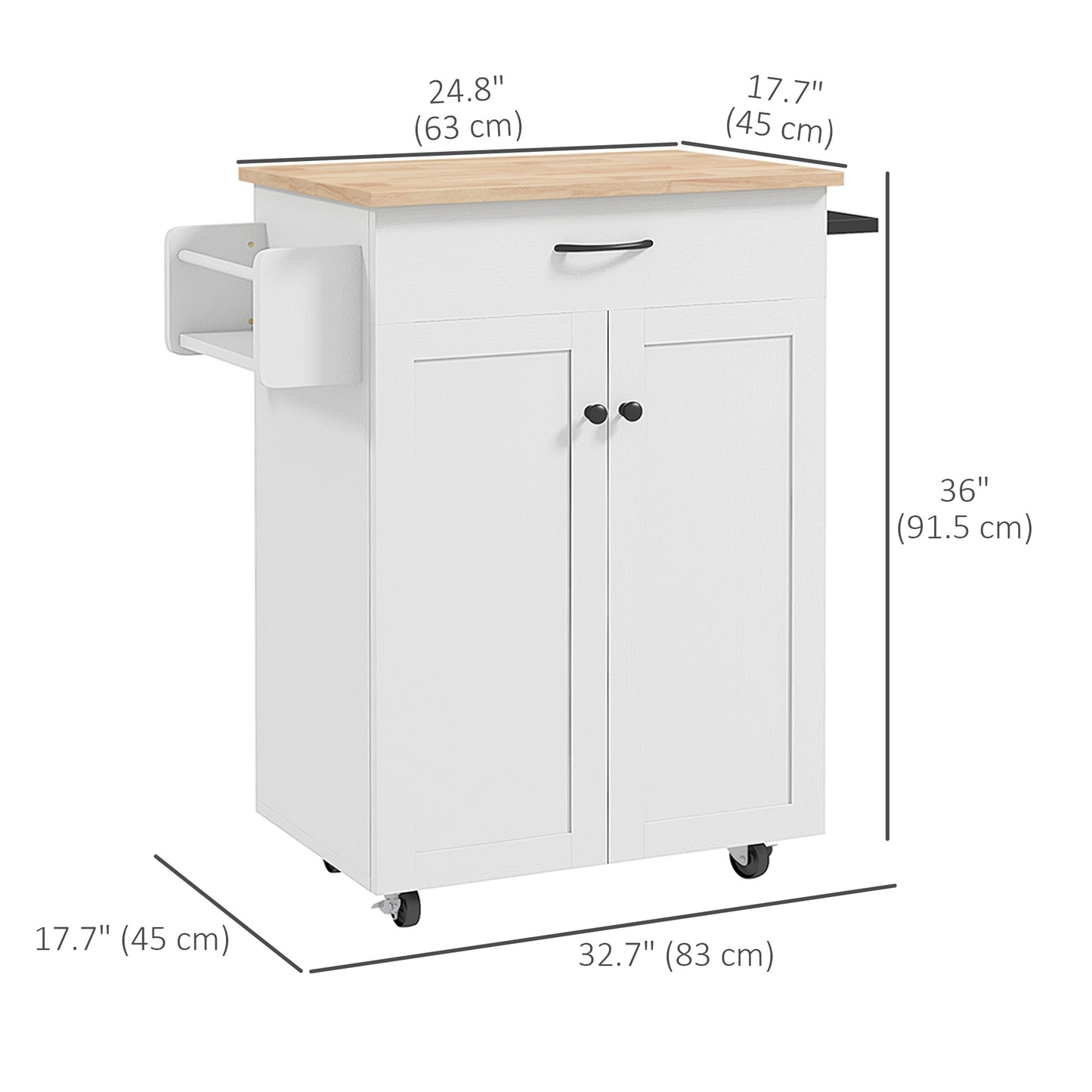HOMCOM Modern Rolling Kitchen Island Cart with Drawer, Natural Wood Top, Towel Rack, Door Storage Cabinet, Distressed Black