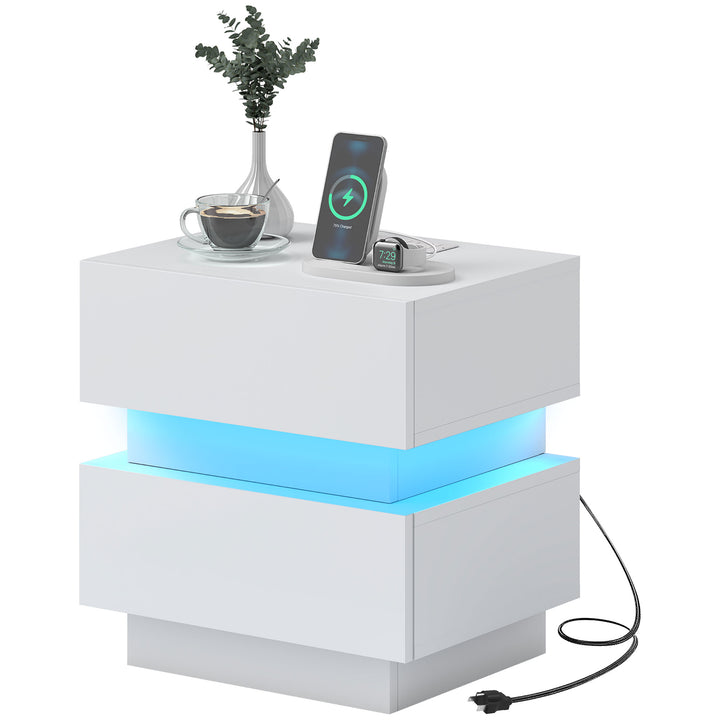 HOMCOM Bedside Table with Charging Station and LED Light Modern Nightstand with USB Ports AC Outlets Drawers Remote, Black