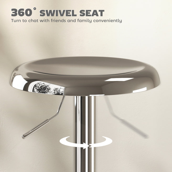 HOMCOM Steel Bar Stools Set of 2, Adjustable Counter Height Round Breakfast Barstools, Industrial Swivel Bar Chairs, Silver