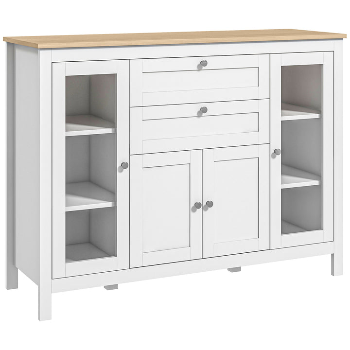HOMCOM Buffet Cabinet Sideboard with 2 Drawers, 3 Storage Cabinets, Glass Doors and Adjustable Shelves, White
