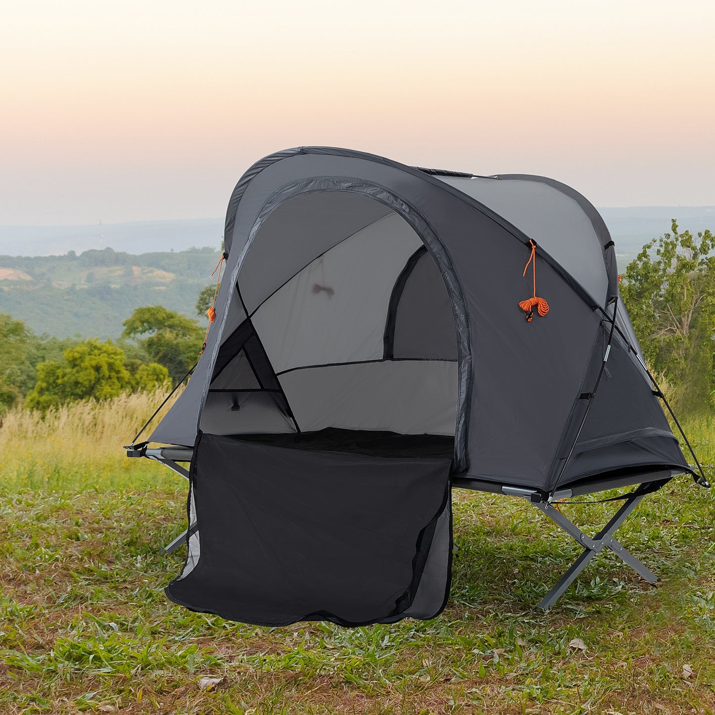 Outsunny Camping Tent Cot, Multifunctional Folding Tent Combo, Portable Off-Ground Tent Shelter with Self-Inflating Air Mattress and Carry Bag for 1 Person