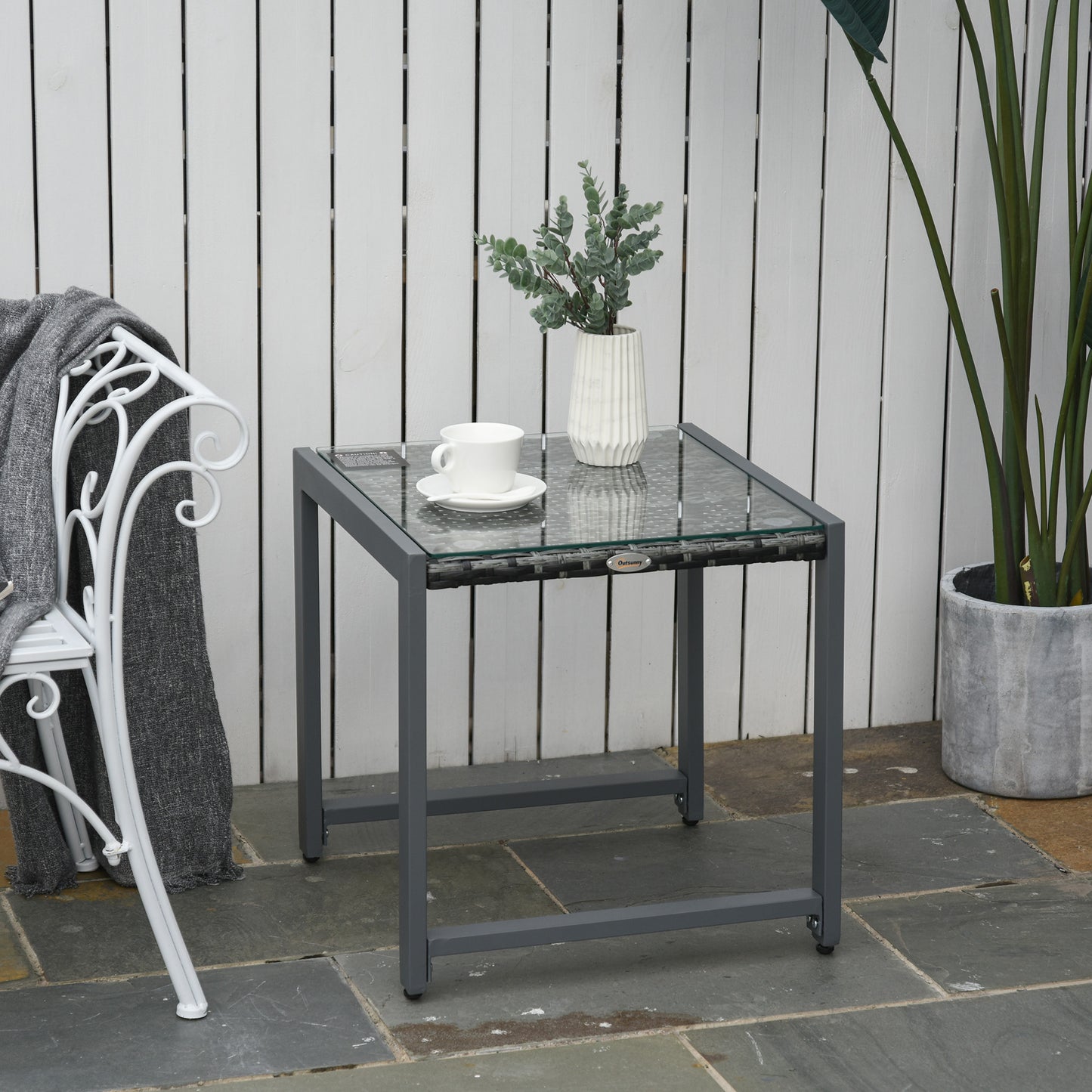 Outsunny Rattan Coffee Table, Wicker Patio Side Table with Tempered Glass Top and Aluminum Frame for Outdoor, Garden, Gray
