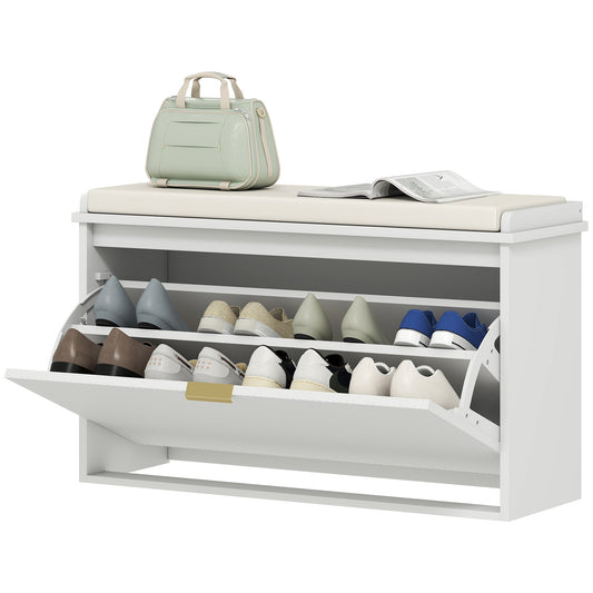 HOMCOM Entryway Bench with Padded Seat and Flip-Drawers, Holds up to 265lbs, Shoe Storage Bench for 8 Pairs of Shoes, White